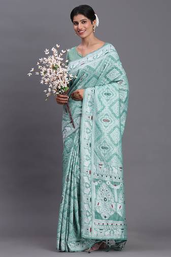 sea green color woven linen cotton saree with blouse