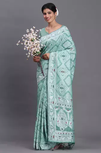 sea green color woven linen cotton saree with blouse