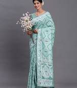 sea green color woven linen cotton saree with blouse
