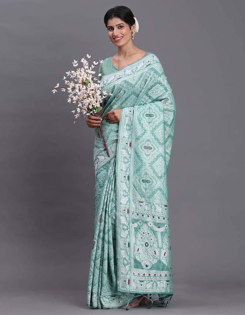 sea green color woven linen cotton saree with blouse