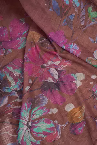 Coffee digital printed linen ready to wear designer saree with unstitched blouse