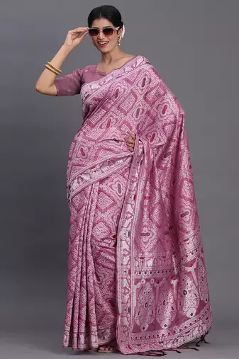 Pink color woven linen cotton saree with blouse
