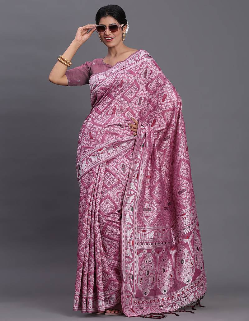 Pink color woven linen cotton saree with blouse