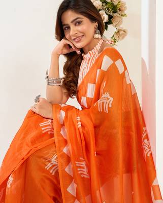 Orange digital printed linen ready to wear designer saree with unstitched blouse 6
