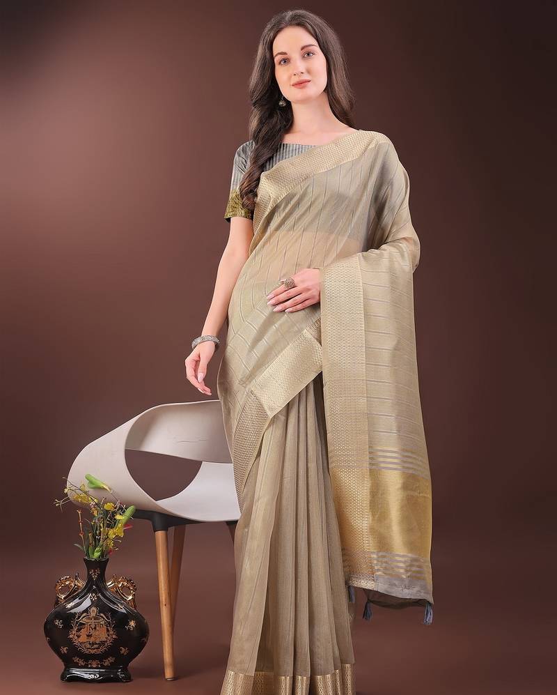 beige color zari border orgenza saree with blouse