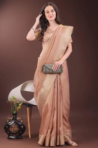 peach color zari border orgenza saree with blouse
