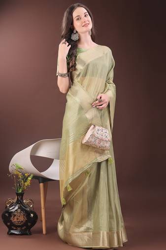 mint green color zari border orgenza saree with blouse