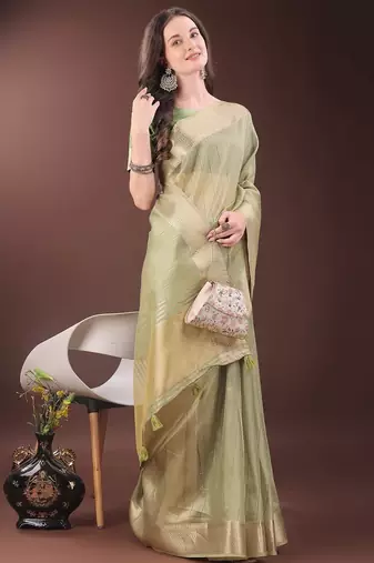 mint green color zari border orgenza saree with blouse