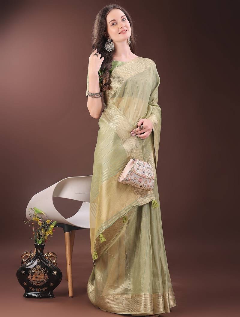 mint green color zari border orgenza saree with blouse