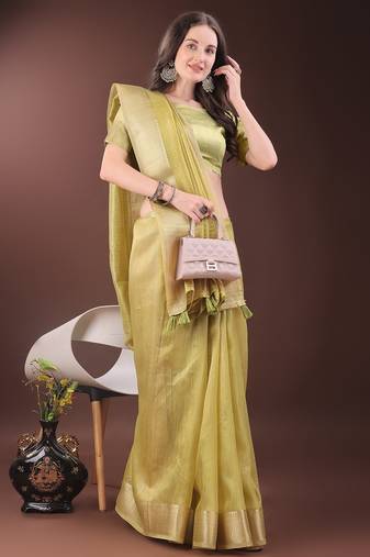 Green color zari border orgenza saree with blouse