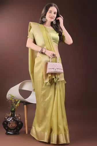 Green color zari border orgenza saree with blouse