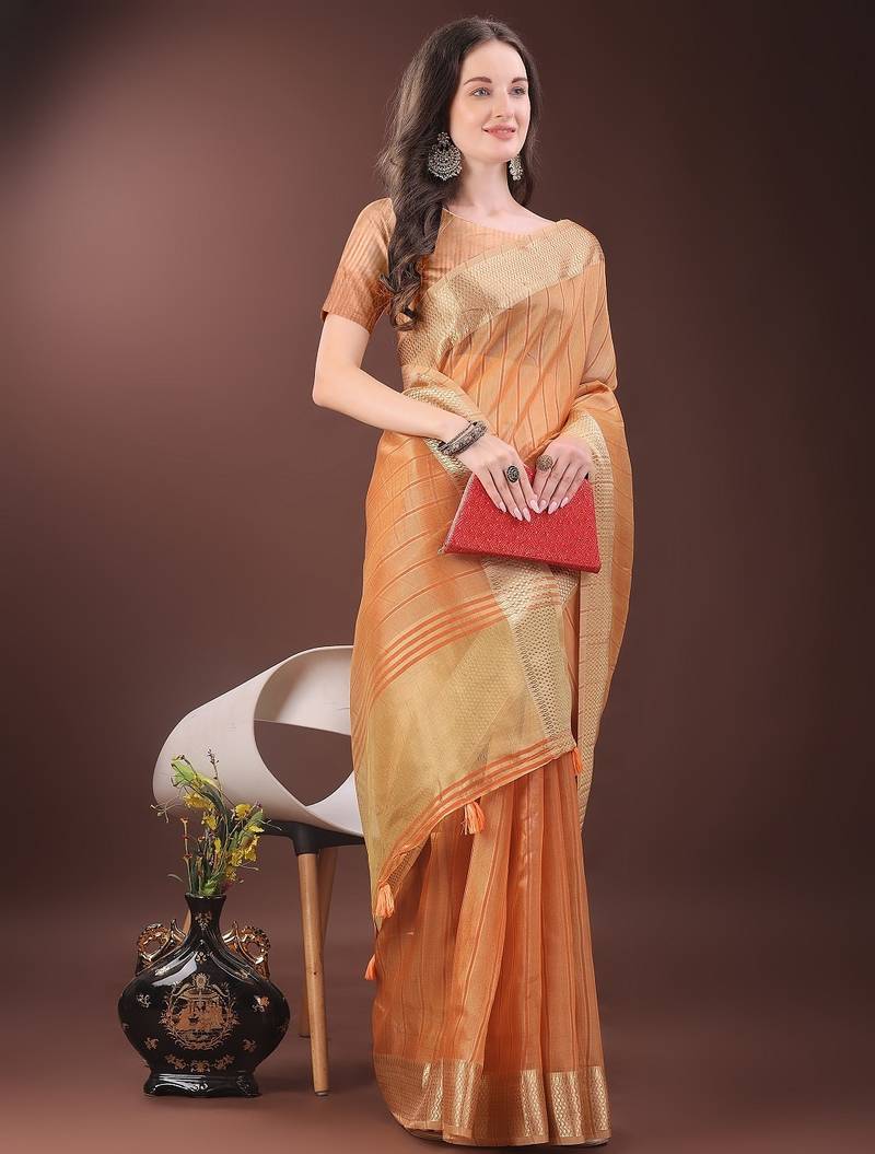 orange color zari border orgenza saree with blouse