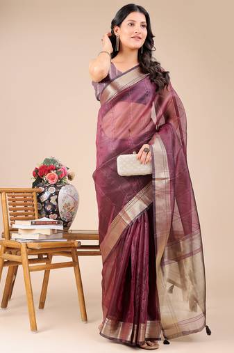 purple color zari border orgenza saree with blouse