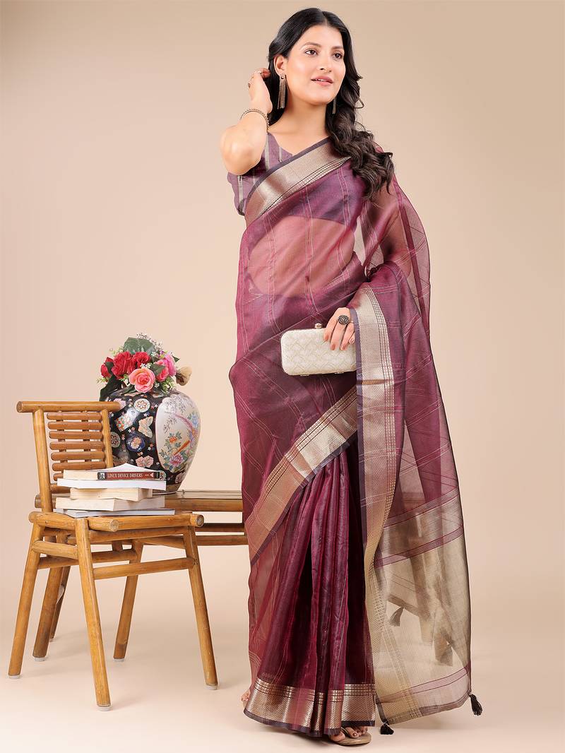 purple color zari border orgenza saree with blouse