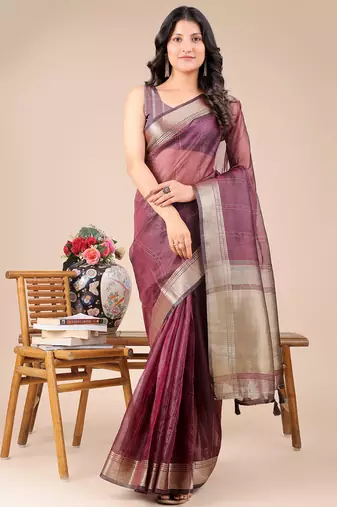 purple color zari border orgenza saree with blouse