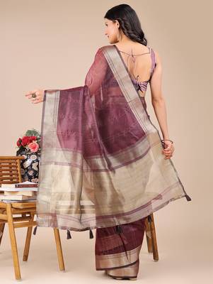 purple zari border orgenza saree with blouse 3