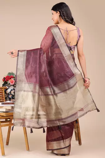 purple color zari border orgenza saree with blouse