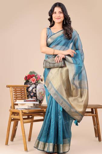 sea Blue color zari border orgenza saree with blouse