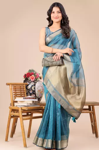 sea Blue color zari border orgenza saree with blouse