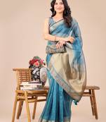 sea Blue color zari border orgenza saree with blouse