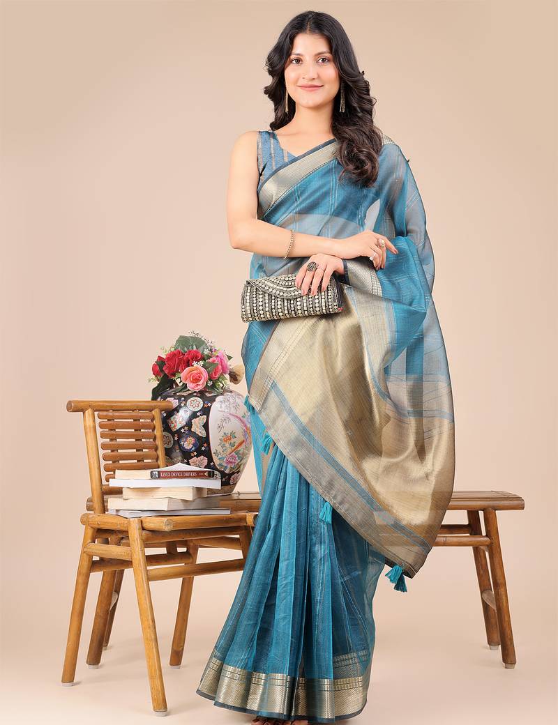 sea Blue color zari border orgenza saree with blouse