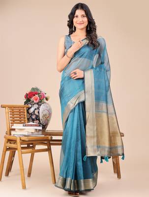 sea Blue color zari border orgenza saree with blouse 2