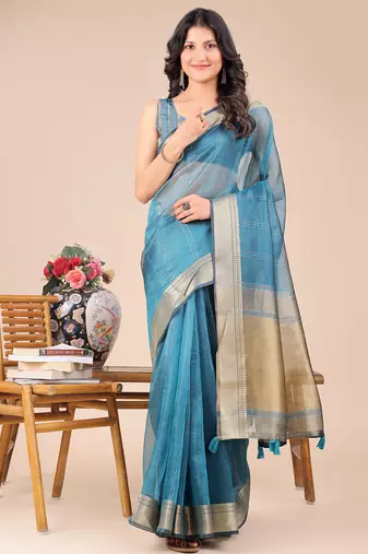 sea Blue color zari border orgenza saree with blouse