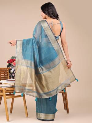 sea Blue color zari border orgenza saree with blouse 3