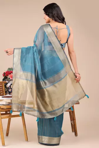 sea Blue color zari border orgenza saree with blouse