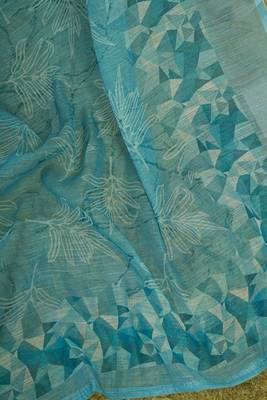 Sky blue digital printed linen ready to wear designer saree with unstitched blouse 9