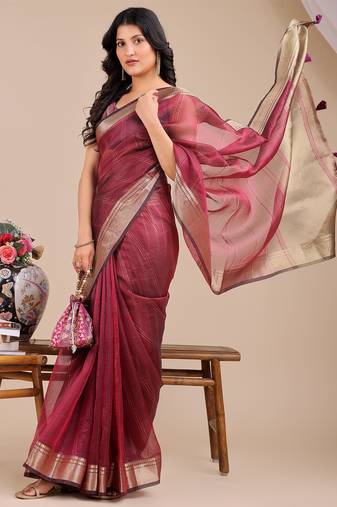 magenta color zari border orgenza saree with blouse