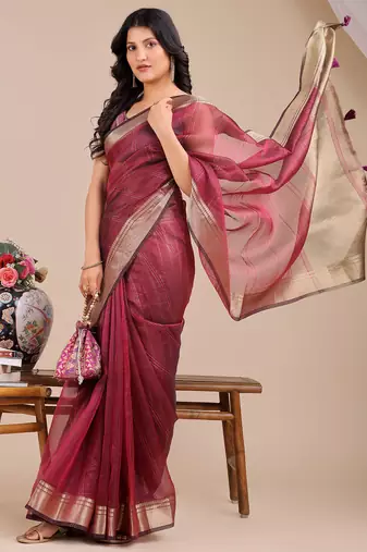 magenta color zari border orgenza saree with blouse