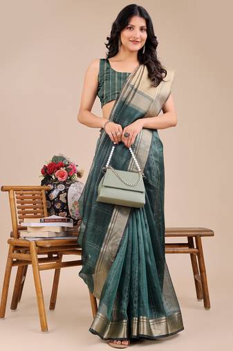 dark green color zari border orgenza saree with blouse