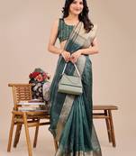 dark green color zari border orgenza saree with blouse
