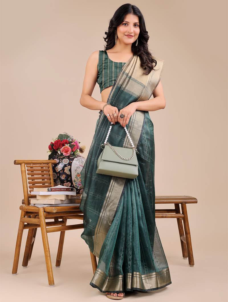 dark green color zari border orgenza saree with blouse