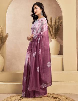 White onion digital printed linen ready to wear designer saree with unstitched blouse 6