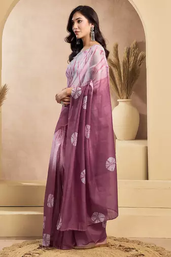 White onion digital printed linen ready to wear designer saree with unstitched blouse
