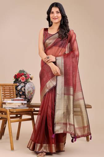 maroon color zari border orgenza saree with blouse