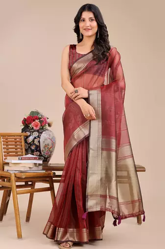 maroon color zari border orgenza saree with blouse