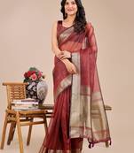 maroon color zari border orgenza saree with blouse