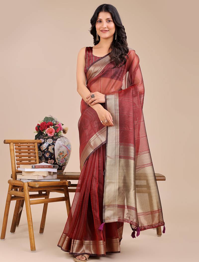 maroon color zari border orgenza saree with blouse