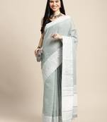 sea green woven zari border linen cotton saree