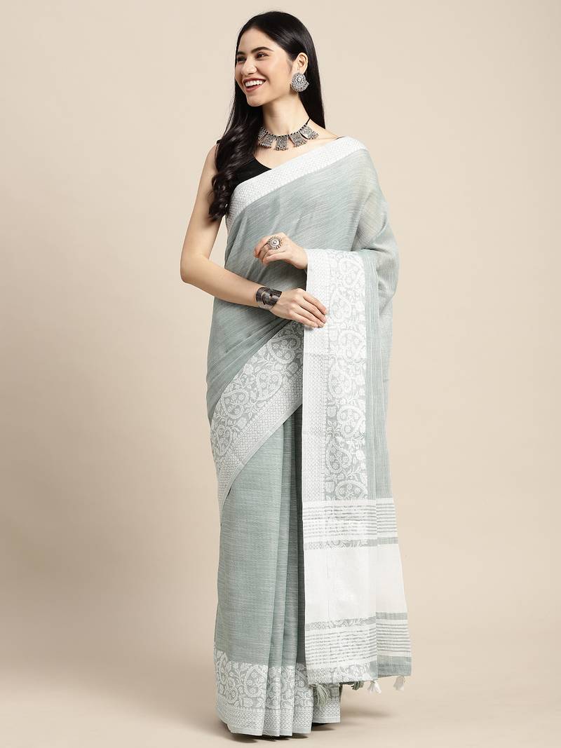 sea green woven zari border linen cotton saree