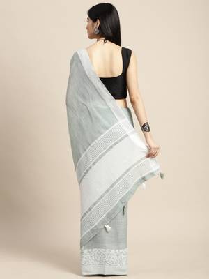 sea green woven zari border linen cotton saree 3