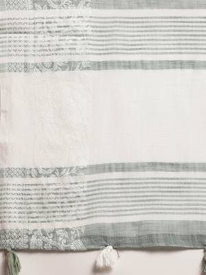 sea green woven zari border linen cotton saree 4