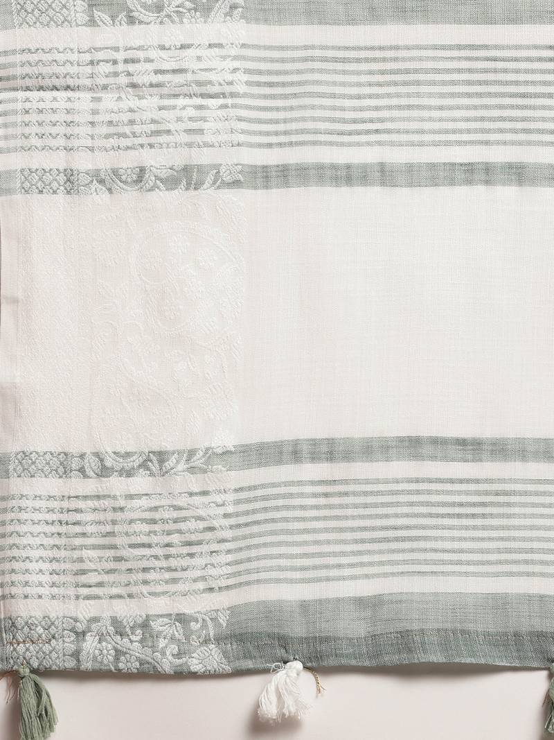 sea green woven zari border linen cotton saree