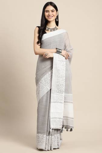 grey woven zari border linen cotton saree