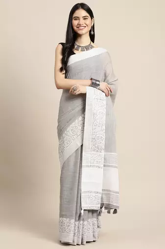 grey woven zari border linen cotton saree