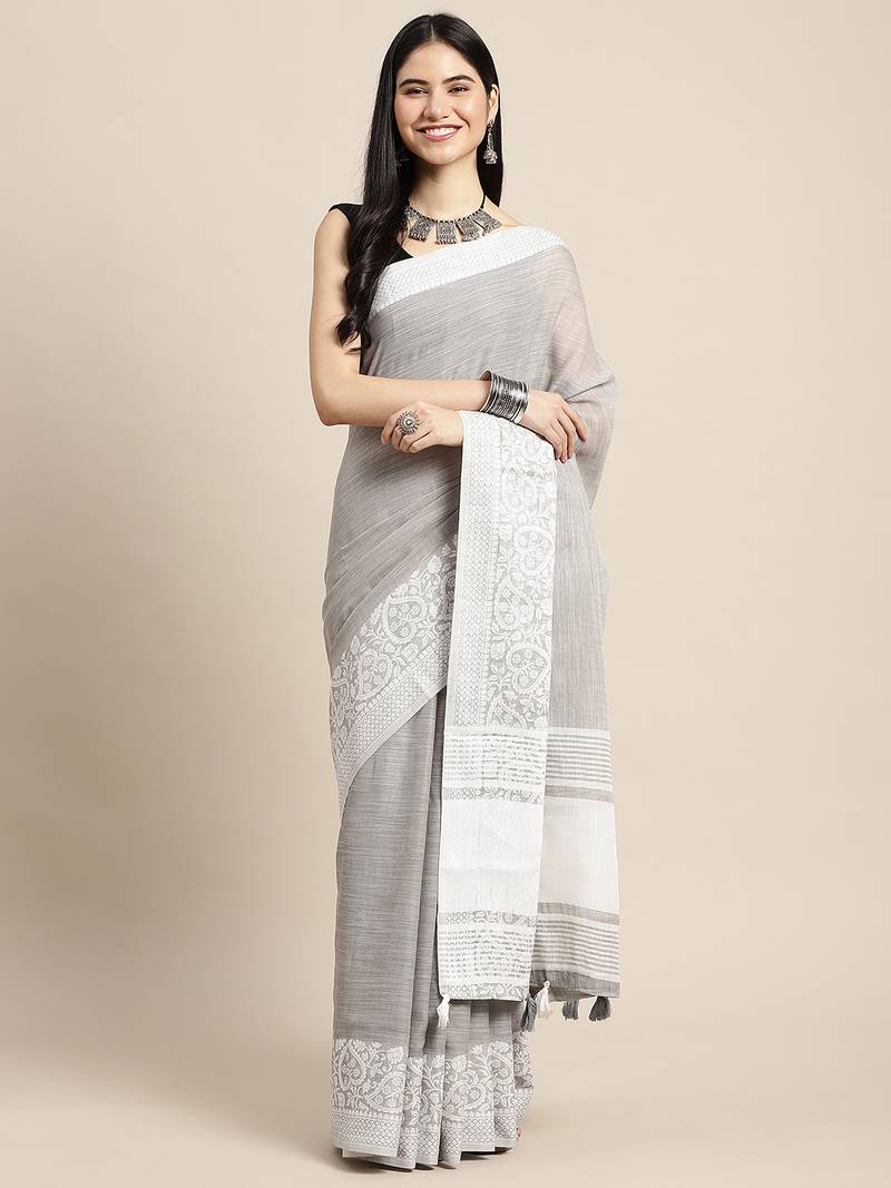 grey woven zari border linen cotton saree