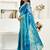 Aqua blue digital printed linen ready to wear designer saree with unstitched blouse